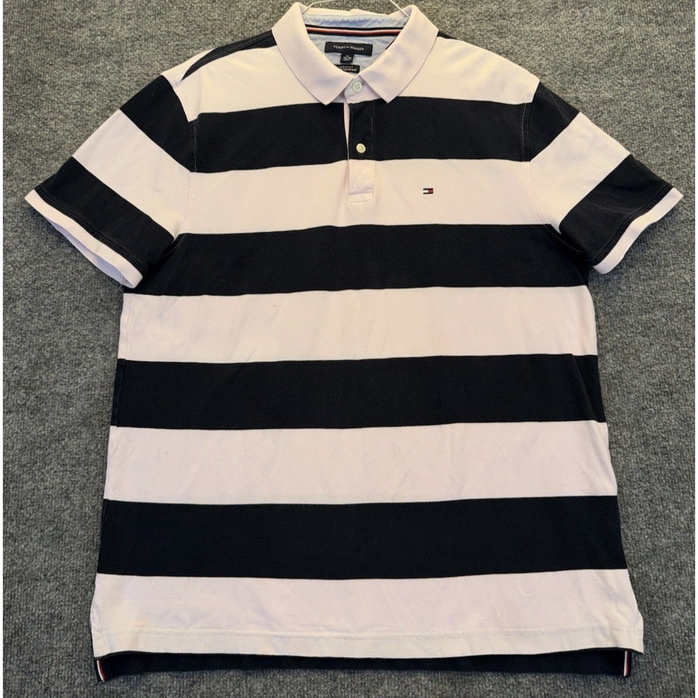Tommy Hilfiger Men's XL Custom Fit Pink Navy Stripe Short Sleeve Polo Shirt